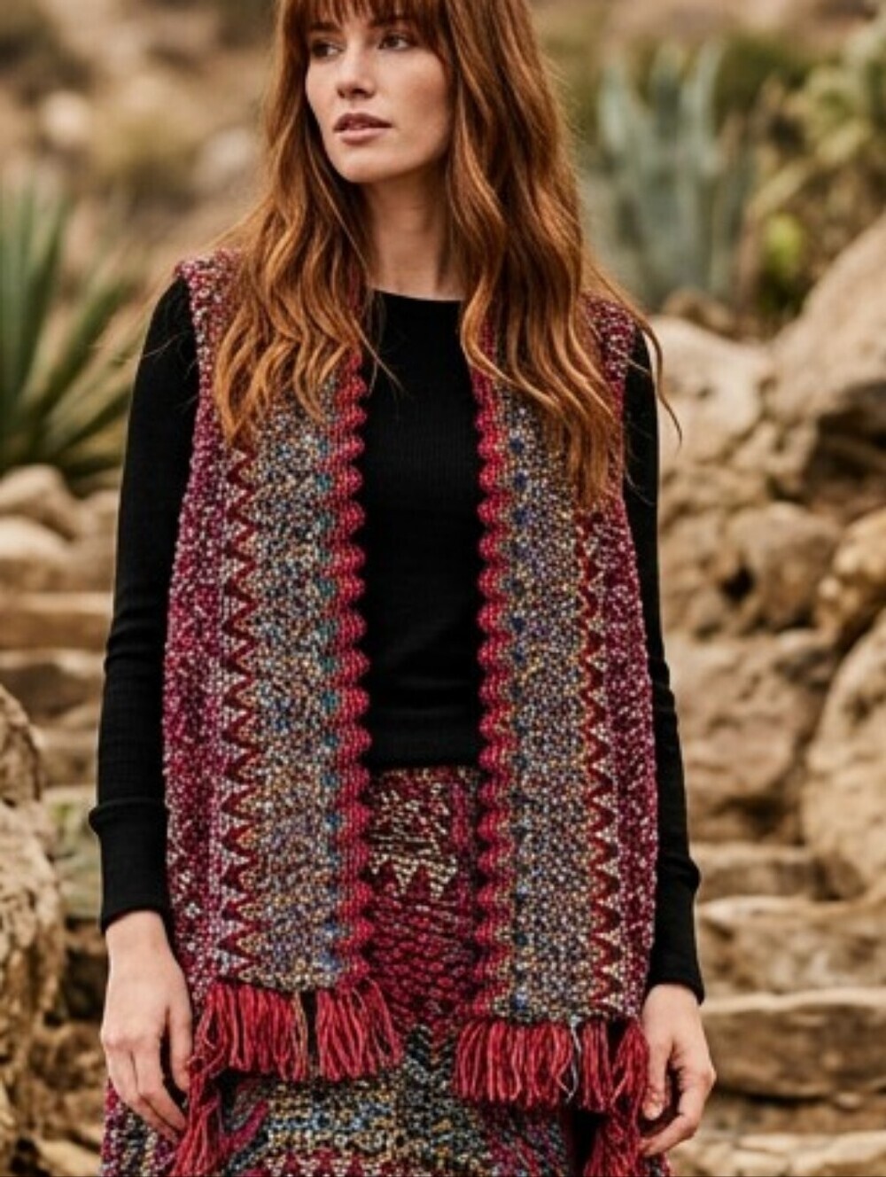 Women's Vintage Unbranded Red Multi-Color Chunky Knit Poncho Vest Fringe Boho
